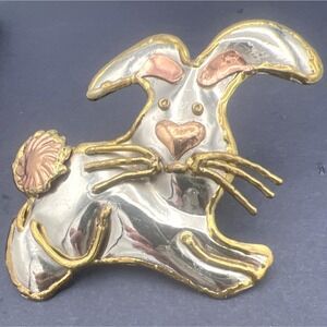 Bunny Rabbit Brooch Pendant Easter Nursery Decor Tri tone Signed‎ SJ 3.5 X 3"